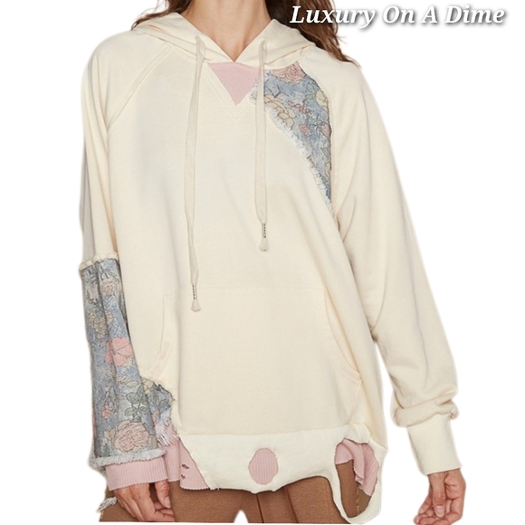 POL Hoodie Floral Contrast Patchwork Top Distressed Raw Exposed Seam Sweatshirt - Picture 11 of 15